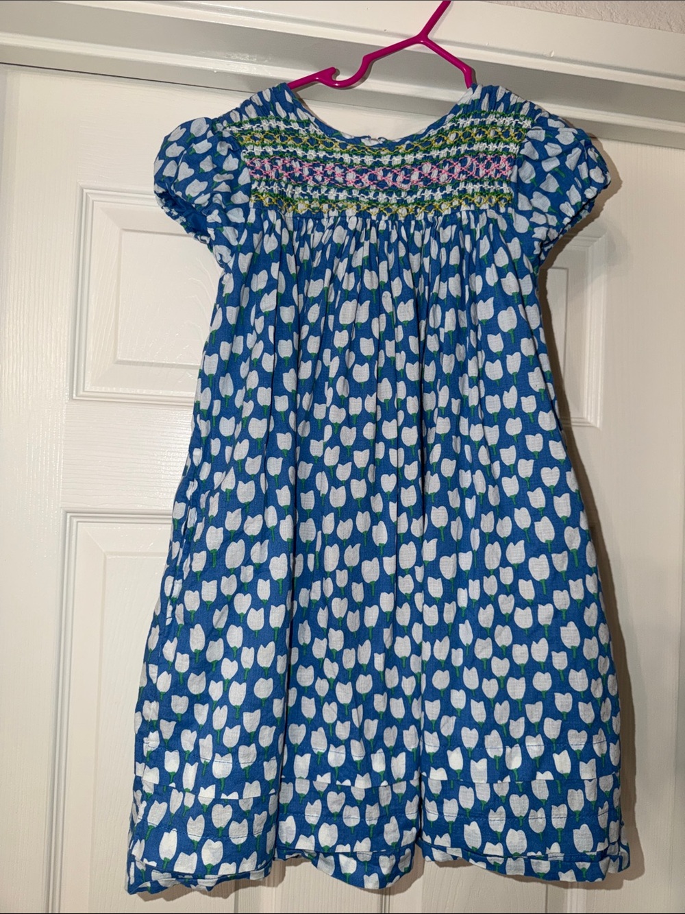 Mini Boden Blue Tulip Smocked Cotton Dress with Embroidered Neckline. Size 7/8